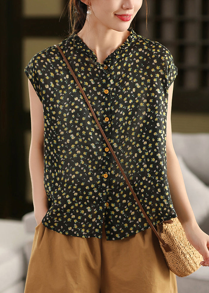 Sleeveless Ruffled Linen Print DIY Tops Pink