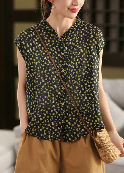 Sleeveless Ruffled Linen Print DIY Tops Pink