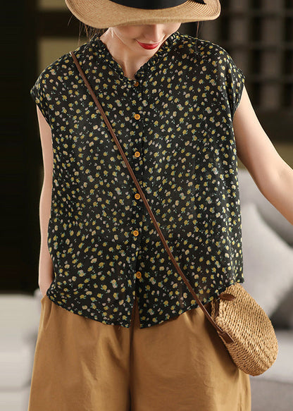 Sleeveless Ruffled Linen Print DIY Tops Pink