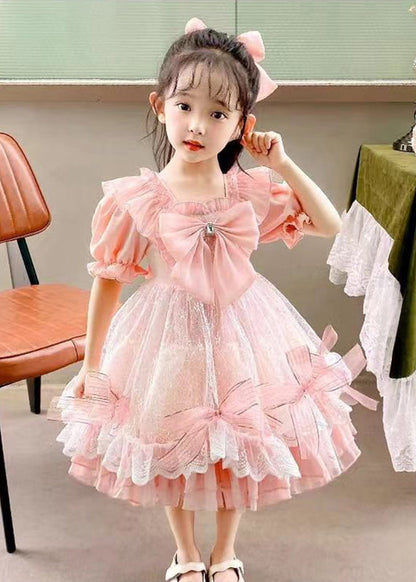 DIY Rose Col Carré Nœud Patchwork Tulle Enfants Vacances Longues Robes Été XZ005