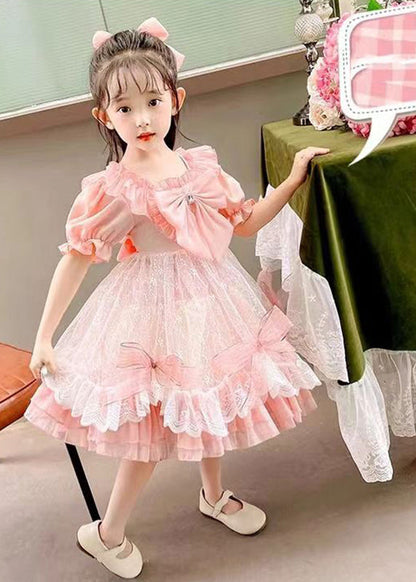 DIY Rose Col Carré Nœud Patchwork Tulle Enfants Vacances Longues Robes Été XZ005