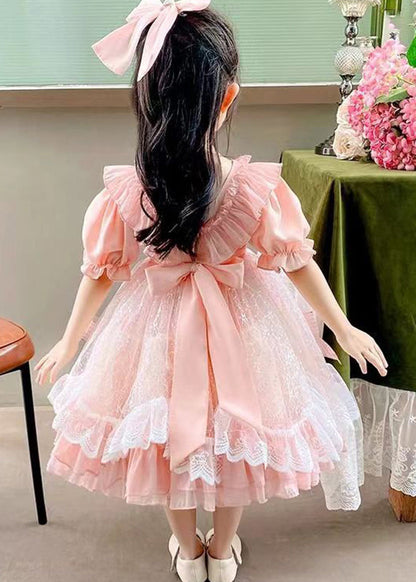 DIY Rose Col Carré Nœud Patchwork Tulle Enfants Vacances Longues Robes Été XZ005