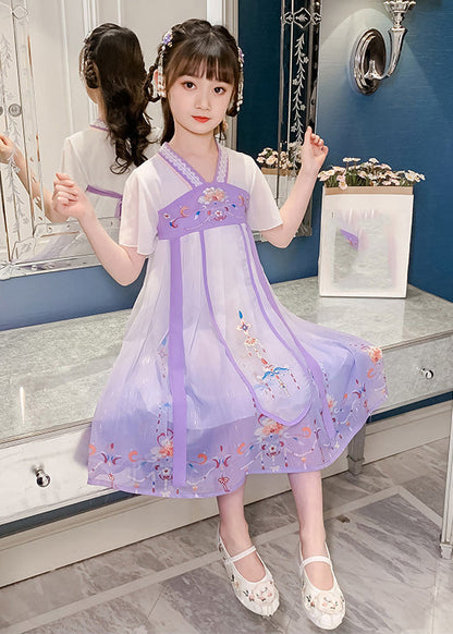 Robe longue d'été en tulle brodée violette pour filles, DIY GF010