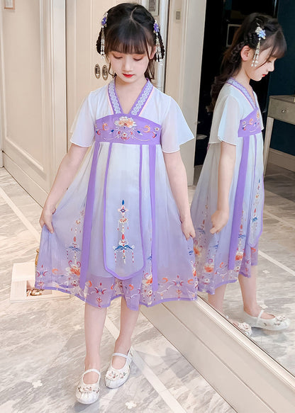 Robe longue d'été en tulle brodée violette pour filles, DIY GF010