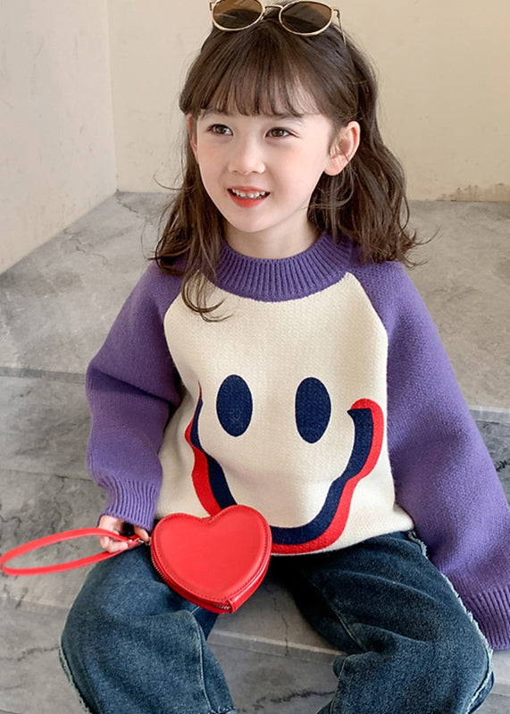 Pull en tricot de coton épais à col rond avec visage souriant violet pour enfants, hiver WL048