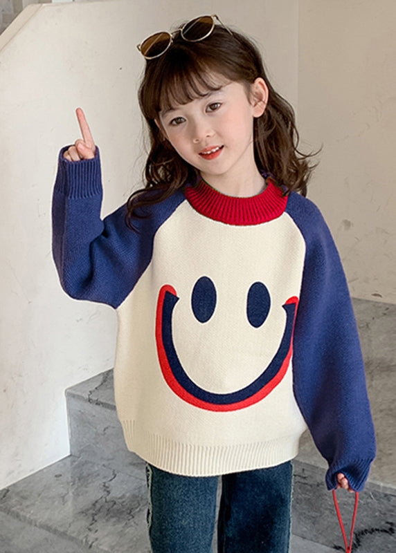 Pull en tricot de coton épais à col rond avec visage souriant violet pour enfants, hiver WL048