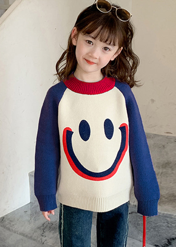 Pull en tricot de coton épais à col rond avec visage souriant violet pour enfants, hiver WL048