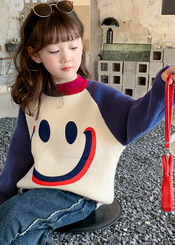 Pull en tricot de coton épais à col rond avec visage souriant violet pour enfants, hiver WL048