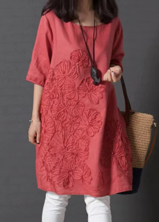 Besticktes Kleid Rot Halbleinen Ärmel Tag DIY