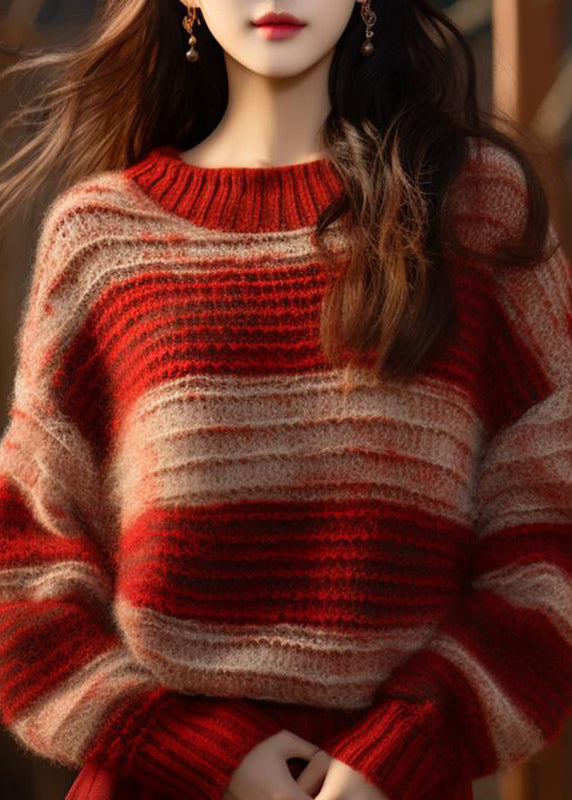 DIY Red Stand Collar Striped Patchwork Cotton Knit Sweater Fall QT066