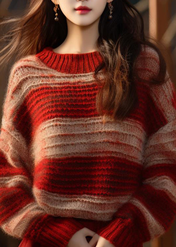 DIY Red Stand Collar Striped Patchwork Cotton Knit Sweater Fall QT066