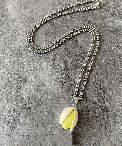 Collier pendentif en résine et acier inoxydable en soie et pistaches DIY QJ019