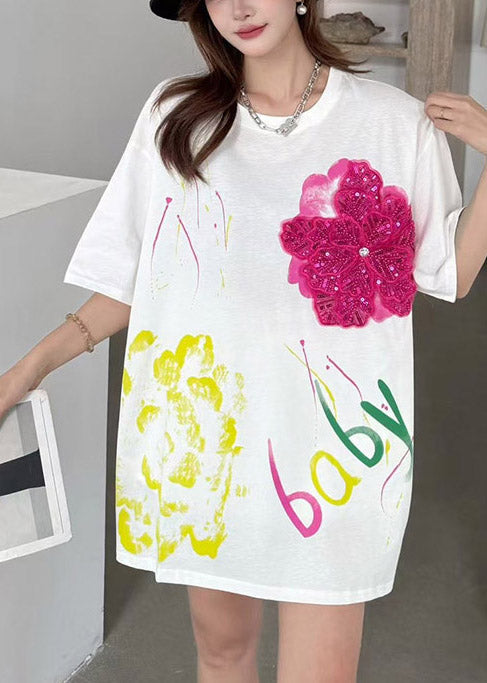 Verzierte Baumwolle Blumen Oversized Tops Tank DIY Sommer Weiß