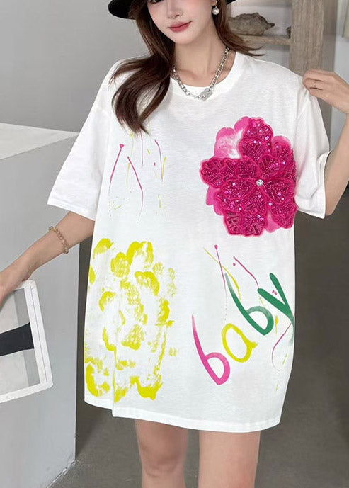 Verzierte Baumwolle Blumen Oversized Tops Tank DIY Sommer Weiß