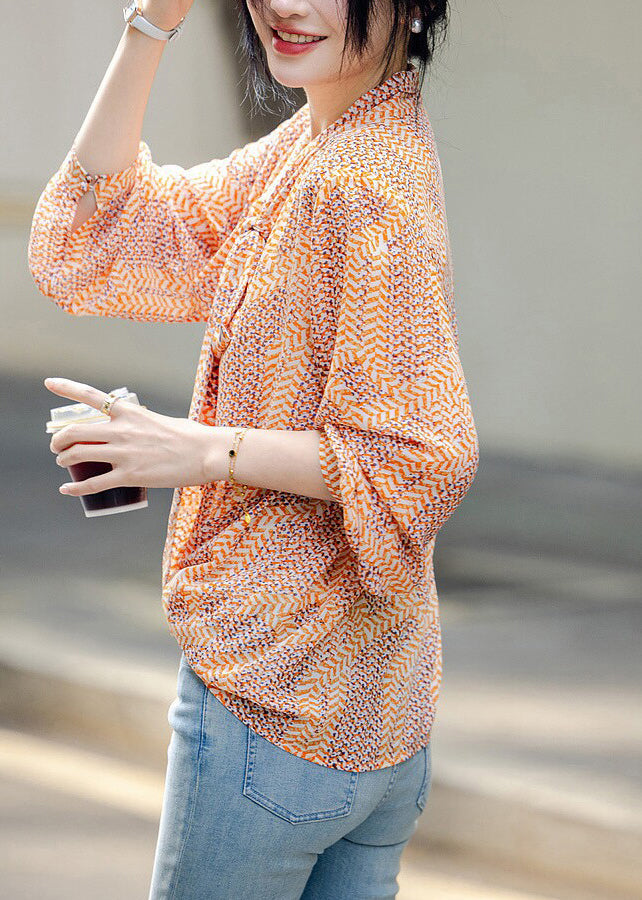 DIY Yellow V Neck Print Chiffon Top Fall WW015