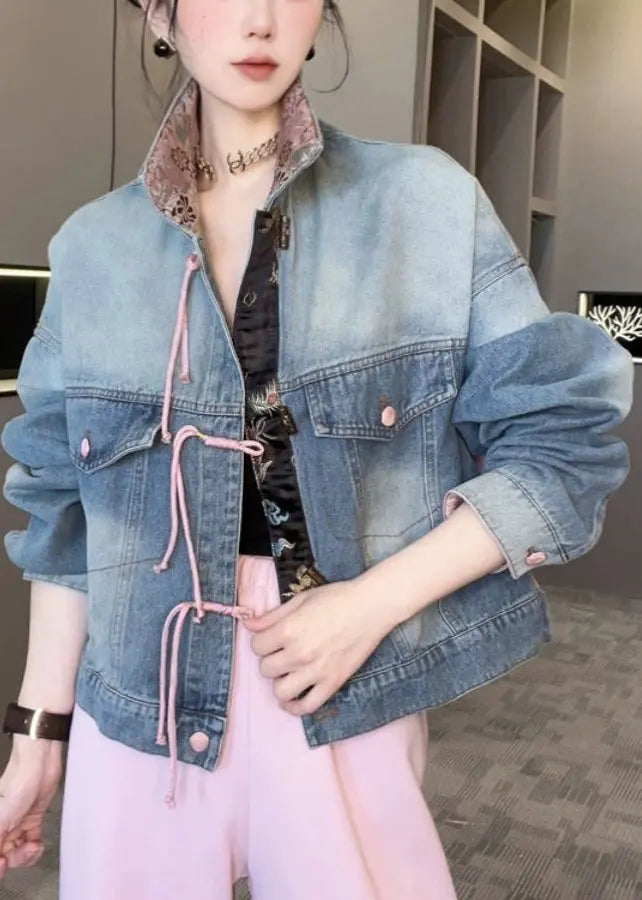 Dark Blue Patchwork Loose Coats Stand Collar Spring Ada Fashion