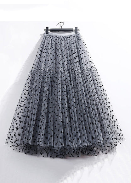 Dark Gray Dot Pleated Tulle Skirt High Waist Summer Ada Fashion