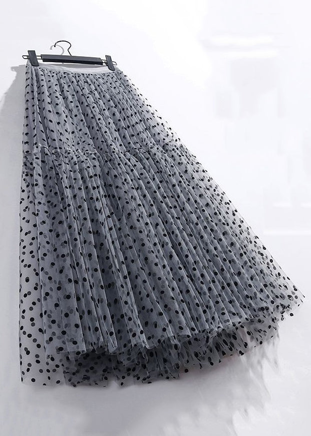 Dark Gray Dot Pleated Tulle Skirt High Waist Summer Ada Fashion