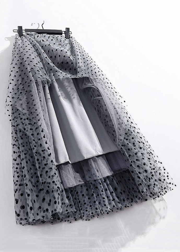 Dark Gray Dot Pleated Tulle Skirt High Waist Summer Ada Fashion