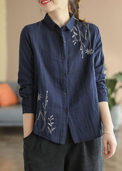 Herbst Blau Button Baumwolle Shirts Denim Bestickt