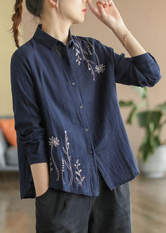 Herbst Blau Button Baumwolle Shirts Denim Bestickt