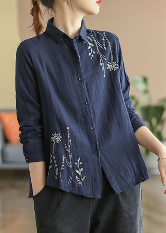 Herbst Blau Button Baumwolle Shirts Denim Bestickt