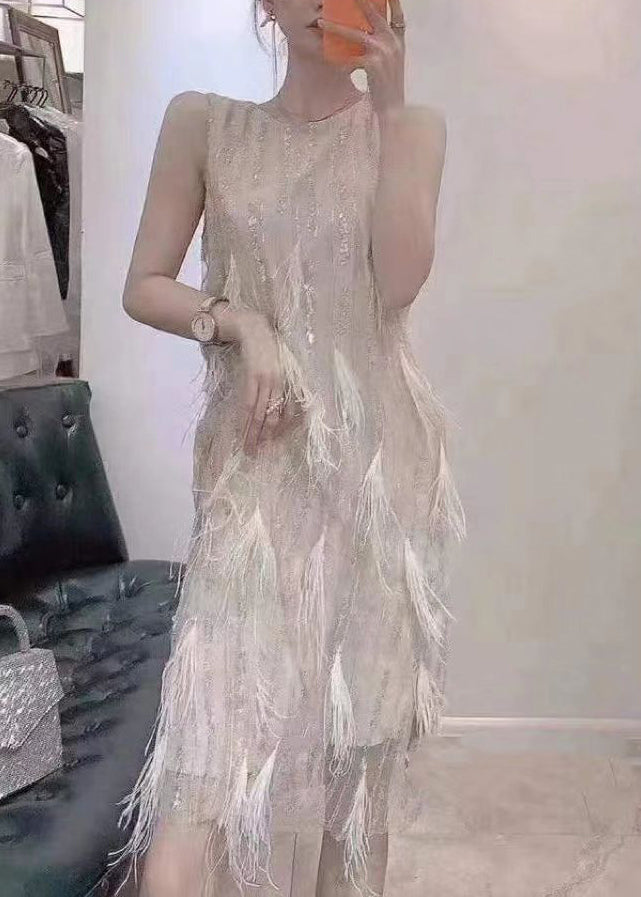 Dinner Beige O-Neck Tassel Lace Maxi Dresses Summer UU1041