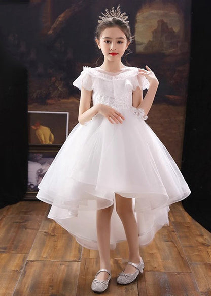 Robe longue de soirée en tulle à fleurs pour enfants, blanche, col rond, été, XZ026