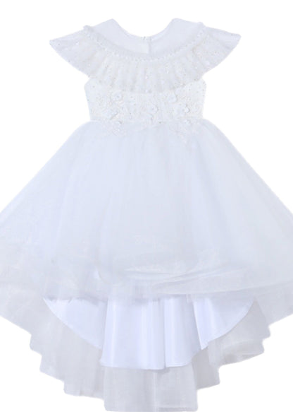 Robe longue de soirée en tulle à fleurs pour enfants, blanche, col rond, été, XZ026