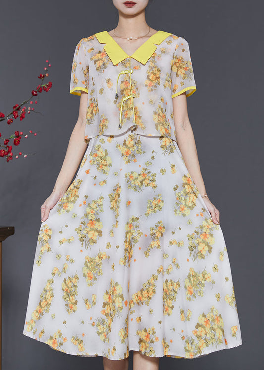 Diy Yellow Tasseled Print Draping Chiffon Long Dress Summer SD1059