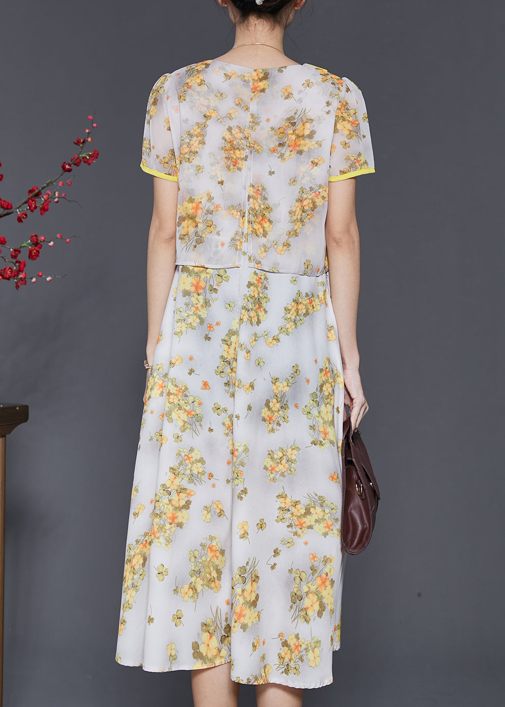 Diy Yellow Tasseled Print Draping Chiffon Long Dress Summer SD1059