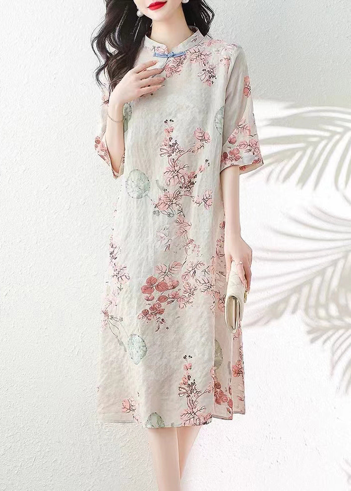 Elegant Apricot Button Print Linen Dress Half Sleeve JH012