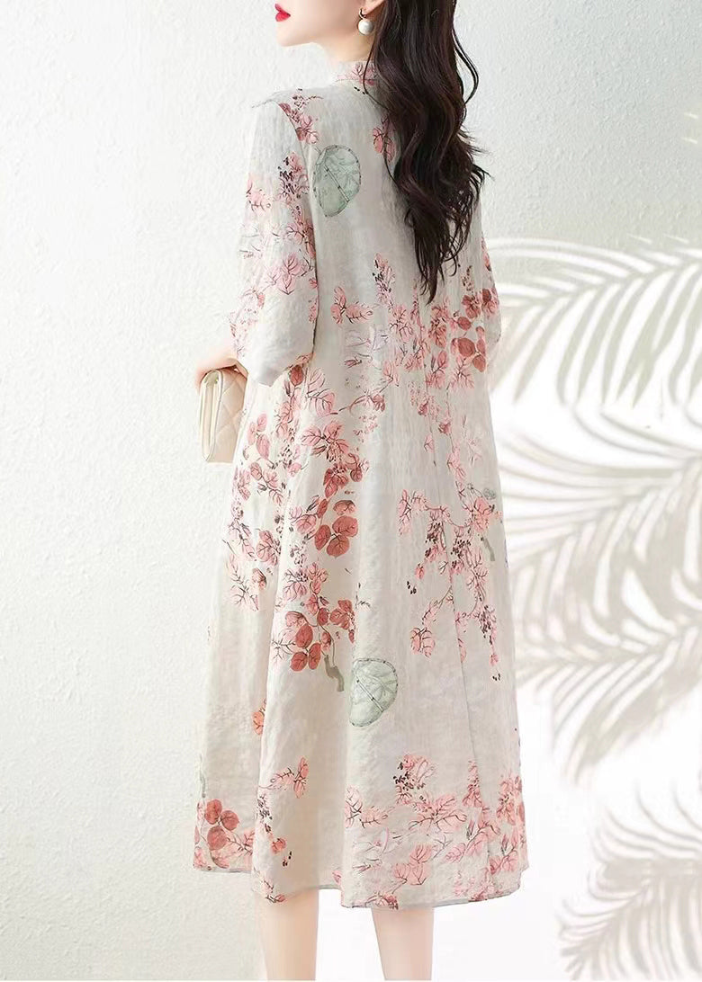 Elegant Apricot Button Print Linen Dress Half Sleeve JH012