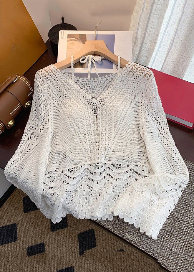 Deux pièces élégantes en tricot abricot de printemps en dentelle creuse