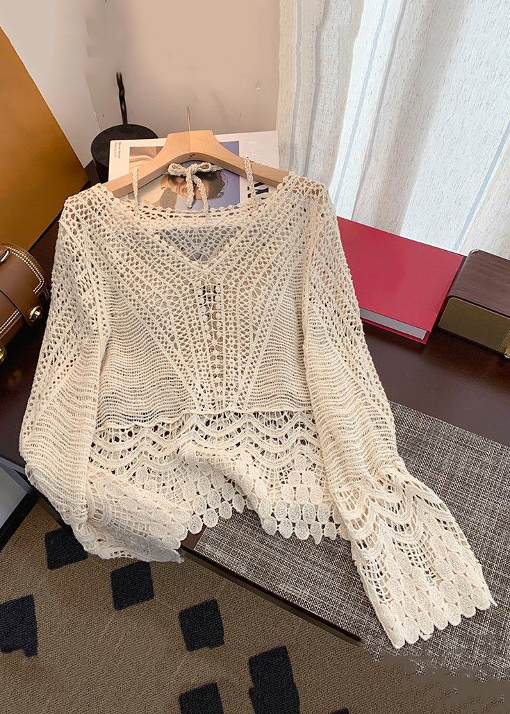 Deux pièces élégantes en tricot abricot de printemps en dentelle creuse