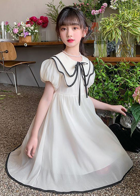 Elegant Apricot Peter Pan Collar Tie Waist Chiffon Girls Dress Summer TT010