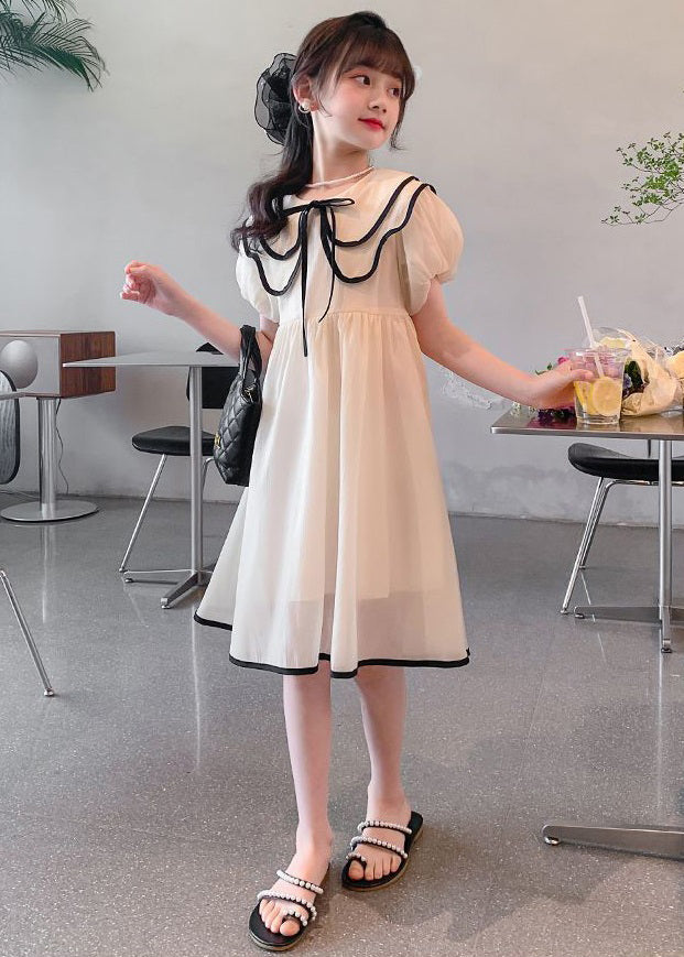 Elegant Apricot Peter Pan Collar Tie Waist Chiffon Girls Dress Summer TT010