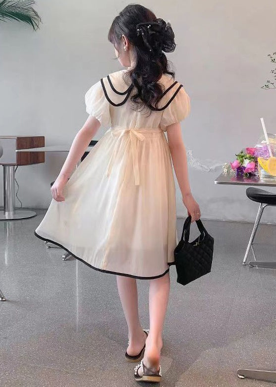 Elegant Apricot Peter Pan Collar Tie Waist Chiffon Girls Dress Summer TT010