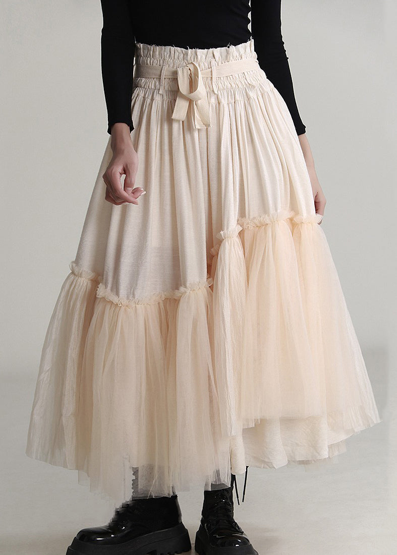 Elegant Apricot Ruffled Lace Up Tulle Skirts Spring Ada Fashion