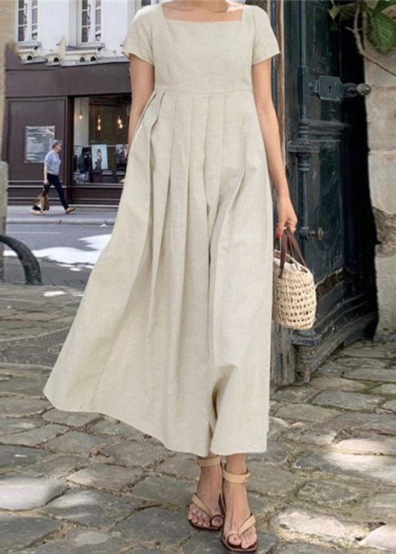 Elegant Apricot Square Collar Wrinkled Cotton Long Dress Summer FF031