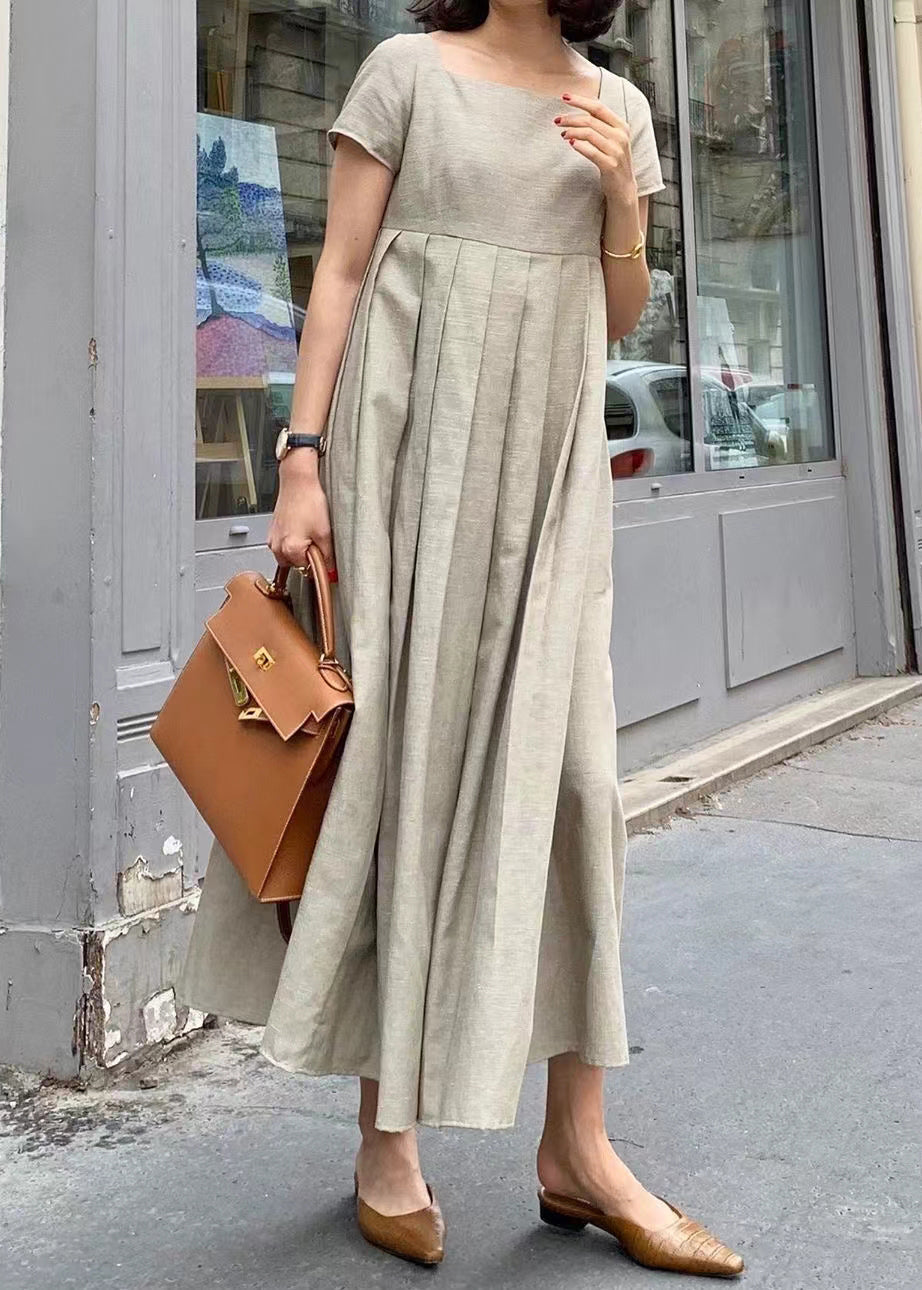 Elegant Apricot Square Collar Wrinkled Cotton Long Dress Summer FF031