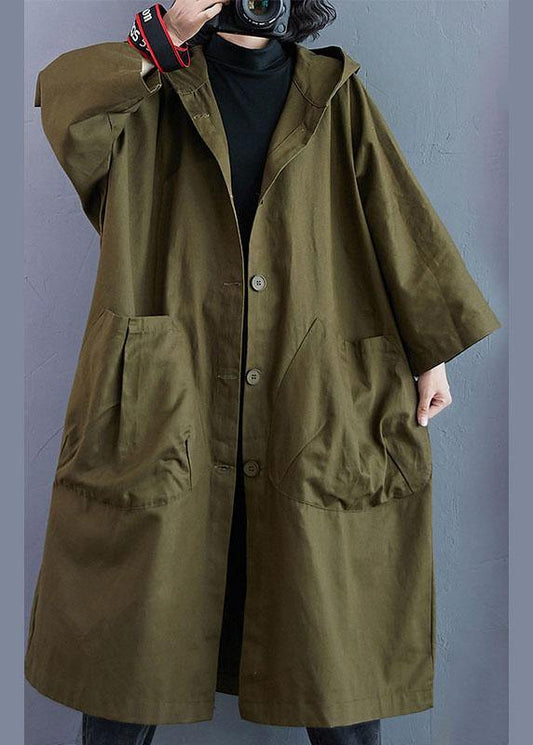 Elegant Army Green Pockets Button Fall Hooded Long sleeve Trench Coats QS061