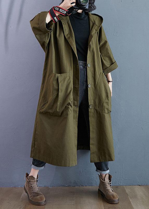 Elegant Army Green Pockets Button Fall Hooded Long sleeve Trench Coats QS061