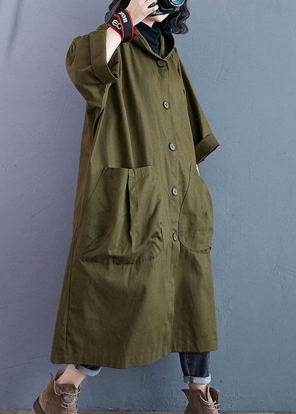 Trench-coat élégant à manches longues et capuche avec poches et boutons vert armée QS061