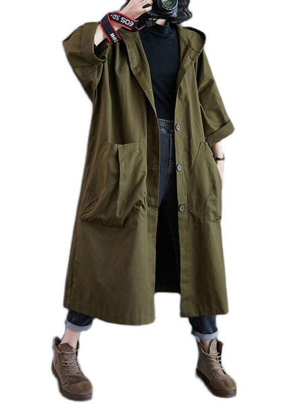 Elegant Army Green Pockets Button Fall Hooded Long sleeve Trench Coats QS061