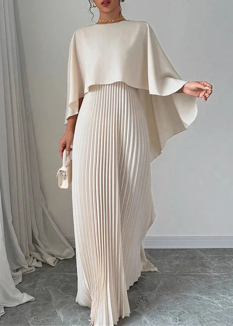 Langes Kleid Beige Ärmel Patchwork Asymmetrische Elegante