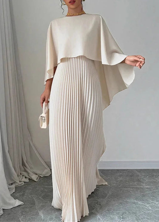 Langes Kleid Beige Ärmel Patchwork Asymmetrische Elegante