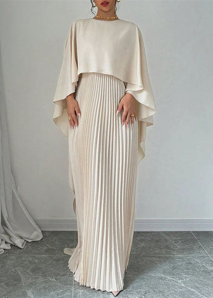 Langes Kleid Beige Ärmel Patchwork Asymmetrische Elegante