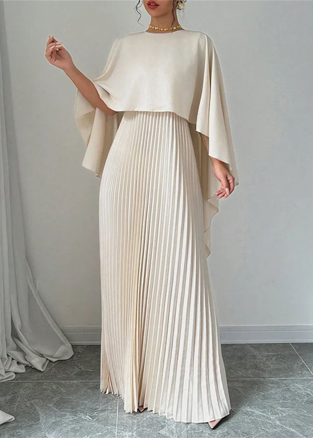 Langes Kleid Beige Ärmel Patchwork Asymmetrische Elegante