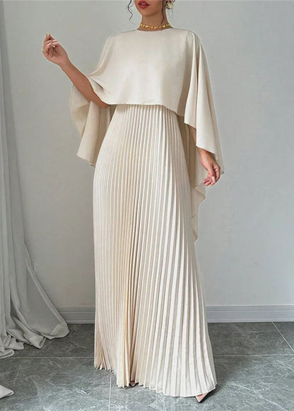 Langes Kleid Beige Ärmel Patchwork Asymmetrische Elegante